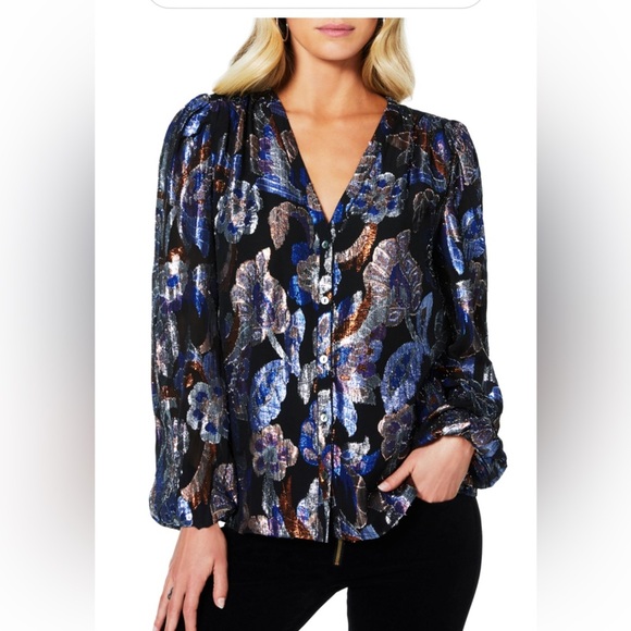 Ramy Brook "Trey" Metallic Floral Silk Blend Blouse, Size XS - Picture 1 of 9